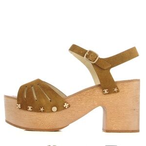 Chanel Tan Suede Wooden Studded Platform Sandals